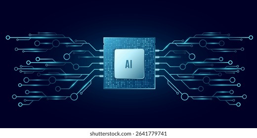 Glowing AI microchip connected to a futuristic circuit network on a dark background. Advanced technology, computing and electronics elements. Futuristic semiconductors. Vector illustration.