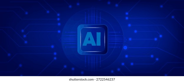 Glowing AI processor icon on a futuristic blue circuit board