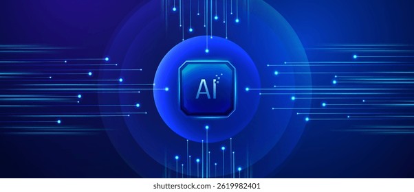 Glowing AI symbol with flowing digital data 