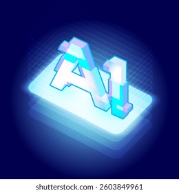 glowing "AI" text in a futuristic, neon 3D style, floating above a digital platform. The background is dark blue with grid lines, enhancing the tech-inspired theme.