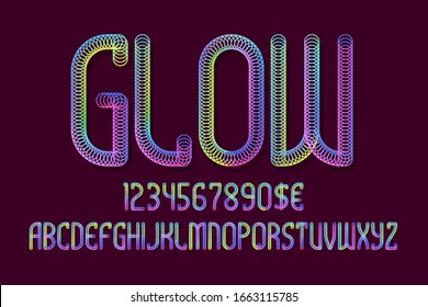 Glowing alphabet with numbers and currency signs. Iridescent glow font.