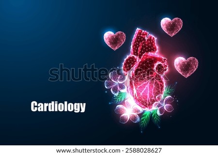 Glowing anatomical heart surrounded by flowers, leaves, and hearts, symbolizing cardiology, health, and vitality. Abstract wireframe design on a dark blue background. Futuristic vector illustration