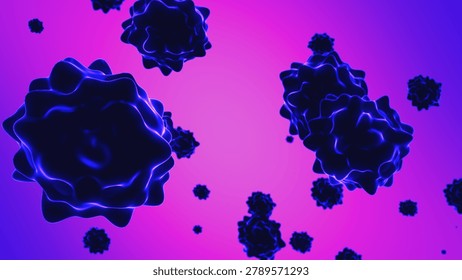 Glowing animated microorganisms float in an abstract space, reminiscent of viral particles or cells under a microscope. The animation conveys a sense of the microcosm and modern medical technologies.