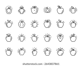 Glowing Apple Fruit Icon Set – Hand Drawn Outline Vector Illustrations of Fresh Apple Symbols with Radiant Highlights for Organic Food, Health, and UI Design
