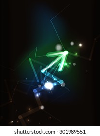 Glowing arrow and blending colors in dark space. Vector illustration. Abstract background