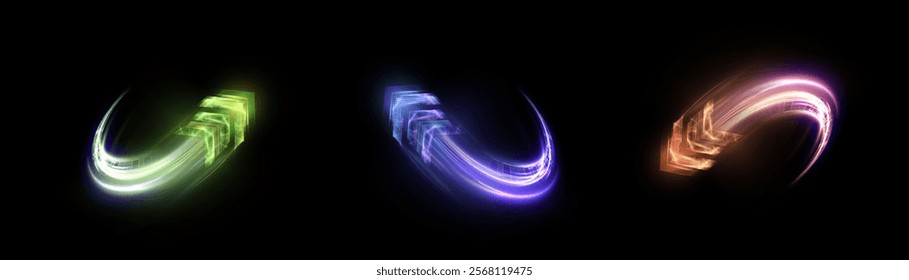 Glowing arrow. Dynamic glow speed directional light with colorful flickering light effects for technology design and effects in games and web design.	
