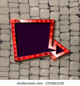 Glowing arrow with lamps. Luminous pointer. Retro cursor with light bulb. Vintage direction marker. Glittering lights . Vector illustration on a background of stone pavers