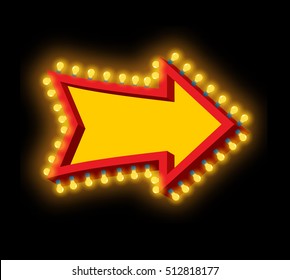 Glowing arrow with lamps. Luminous pointer. Retro cursor with light bulb. Vintage direction marker. Glittering lights