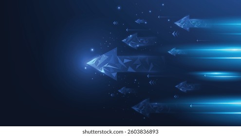 Glowing arrow moving forward at high speed on a dark blue background. modern motion concept, suitable for technology and progress themes. Vector illustration.	