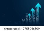 Glowing arrow surges across a blue grid, illustrating a successful Business strategy backed by data technology. and concepts of Finance and technology, with an upward trending arrow signaling market dominance.