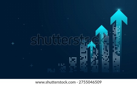 Glowing arrow surges across a blue grid, illustrating a successful Business strategy backed by data technology. and concepts of Finance and technology, with an upward trending arrow signaling market dominance.