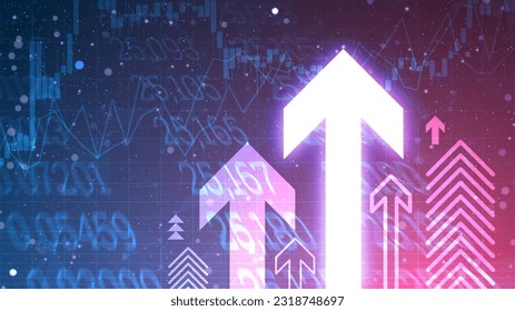 Glowing arrows for business growth concept in futuristic technology style. Successful financial development on blue gradient background. Digital cyber wallpaper for the stock market sources