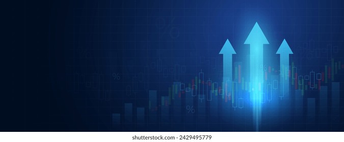 Glowing up arrows on a dark blue background with space to copy. Business growth, progress in development, financial company statistics, high results. The concept of business growth. Vector EPS 10.