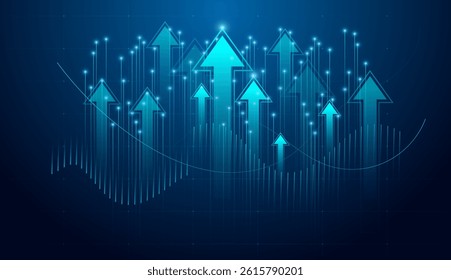 Glowing arrows rise powerfully against a digital backdrop, symbolizing rapid upward trends and success. and  growing technology on grid lines dark blue background