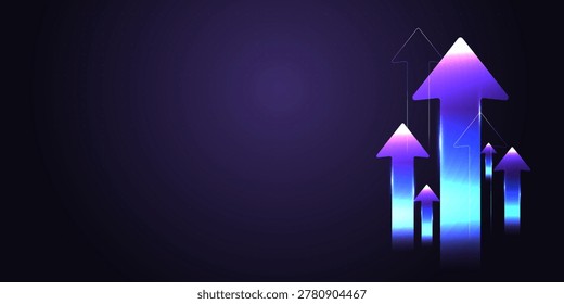 The glowing arrows of varying heights point upward, symbolizing the increasing momentum of a successful business model concepts, Finance graphic features a shimmering curved line and rising arrows, illustrating a clear and increasing market trend.