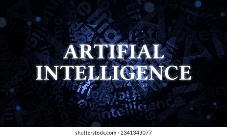 Ein leuchtendes Wort mit künstlicher Intelligenz auf vereinzeltem Texthintergrund. Futuristische Technologie-Desktop-Bildschirmhintergrund auf dunklem Hintergrund