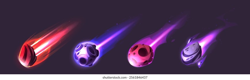 Glowing asteroid and comet collection with colorful fire trails. Celestial meteors with red, blue, pink, purple flames, luminous cosmic rocks, blazing space debris for cosmic galaxy arcade games.