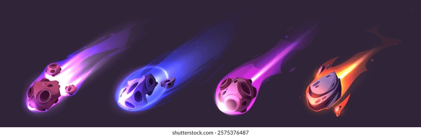 Glowing asteroid and comet collection with colorful fire trails. Celestial meteors with orange, blue, pink, purple flames, luminous cosmic rocks, blazing space debris for cosmic galaxy arcade games.