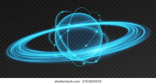 Glowing atom featuring blue elliptical rings circling a radiant central core with glowing swirling rings around on transparent background. Atomic structure concept. Vector illustration.