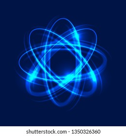 Glowing atom on blue background, abstract light background. Light motion circles. Swirl trail effect. Vector Illustration