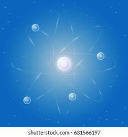 Glowing atom on blue background, scientific vector illustration
