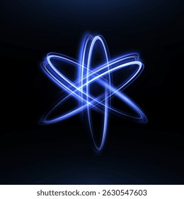 Glowing atomic structure with blue energy orbits on dark background. Futuristic nuclear particle model for physics, technology, or scientific concepts.

