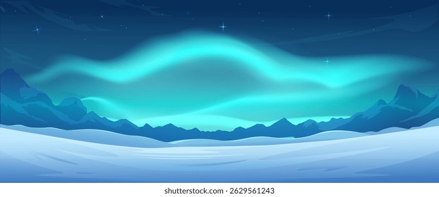 Glowing aurora borealis in sky above snowy mountains, flat graphic style, dark blue night background. Concept of winter nature. Vector illustration