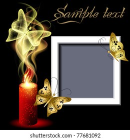 Glowing background with burning candle, photo frame and butterflies