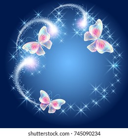 Glowing background with butterflies and  sparkle stars, salute and fireworks. Round frame.