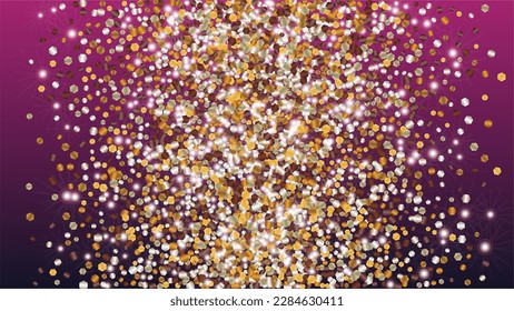 Glowing Background with Confetti of Glitter Particles. Sparkle Lights Texture. Disco pattern. Light Spots. Star Dust. Explosion of Confetti. Design for Template.