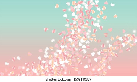 Glowing Background with Confetti of Hearts Glitter Particles. St. Valentine Day. Party pattern. Light Spots. Explosion of Confetti. Glitter Vector Illustration. Design for Template.