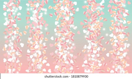 Glowing Background with Confetti of Hearts Glitter Particles. St. Valentine Day. Anniversary pattern. Light Spots. Explosion of Confetti. Glitter Vector Illustration. Design for Magazine.