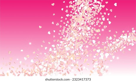 Glowing Background with Confetti of Hearts Glitter Particles. St. Valentine Day. New Year pattern. Light Spots. Explosion of Confetti. Glitter Vector Illustration. Design for Poster.