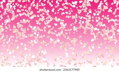 Glowing Background with Confetti of Hearts Glitter Particles. St. Valentine Day. Anniversary pattern. Light Spots. Explosion of Confetti. Glitter Vector Illustration. Design for Magazine.