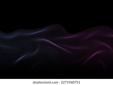 Glowing background with flowing particles. Sparkle particles of wave. Magic background. 3d abstract sci-fi user interface concept with gradient dots and lines.