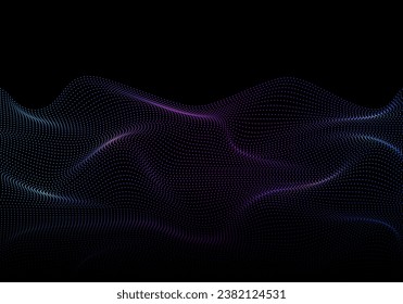 Glowing background with flowing particles. Sparkling particles of wave. 3d abstract sci-fi user interface concept with gradient dots and lines.
