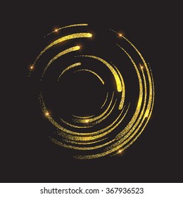 Glowing background with glitter. Shiny vector backdrop. Template design card. Round golden  frame. Comet.