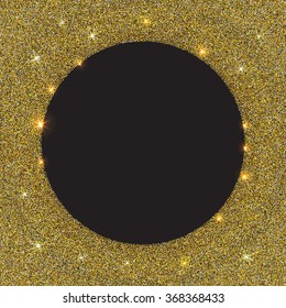 Glowing background with glitter. Shiny vector backdrop. Template design card. Gold circle. Frame.