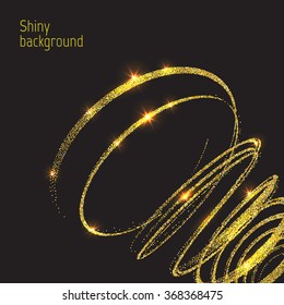 Glowing background with glitter. Shiny vector backdrop. Template design card. Round golden  frame. Comet.