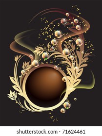 Glowing background with golden ornament, bubbles and smoke