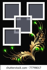 Glowing background with golden ornament for inserting text and photo