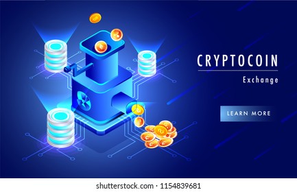 Glowing background with illustration of money exchange machine connected with crypto servers for Cryptocoin exchange concept.