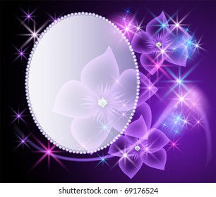 Glowing background with magic billboard, transparent flowers and stars