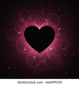 Glowing background with new year light. A shiny frame in the shape of hearts on a dark backdrop. Vector illustration for Valentine's day.