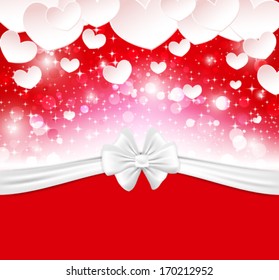 Glowing background with paper hearts, bow, ribbons and empty space for your text