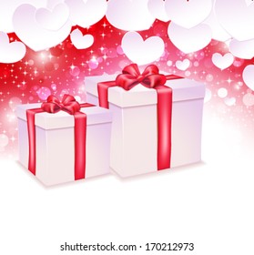 Glowing background with paper hearts and two gift box