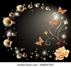 Glowing background with rose, butterfly and bubbles