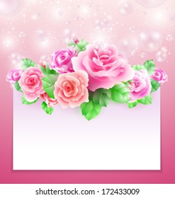 Glowing background with roses bubbles and paper banner