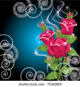 Glowing background with roses, smoke and stars