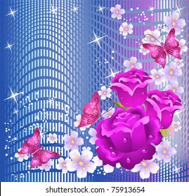 Glowing background with roses and stars